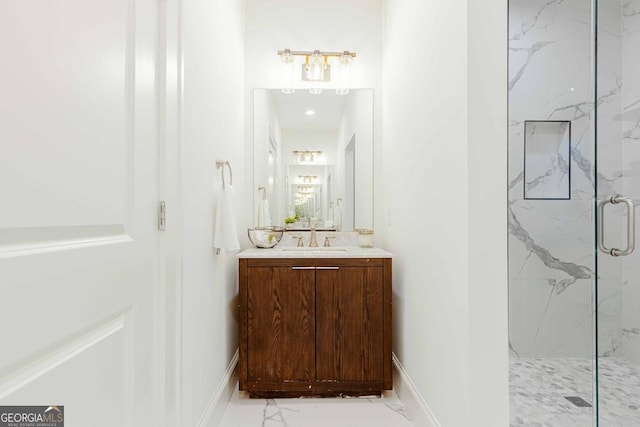 937 Rosedale Rd NE, Atlanta, GA 30306 - bathroom featuring marble look tile flooring, a marble finish shower, and vanity