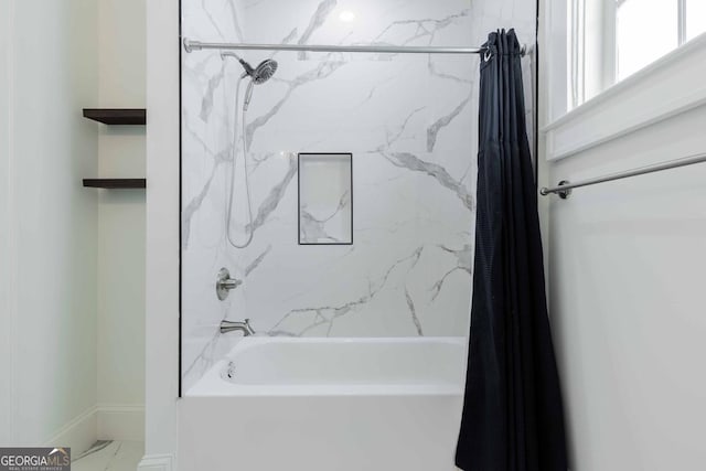 937 Rosedale Rd NE, Atlanta, GA 30306 - full bathroom featuring shower / bathtub combination with curtain and marble look tile flooring