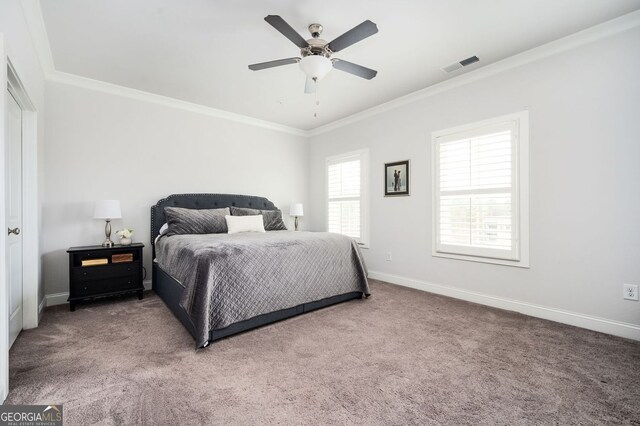 2026 Forte Ln, Alpharetta, GA 30009 - carpeted bedroom featuring ornamental molding, baseboards, and a ceiling fan