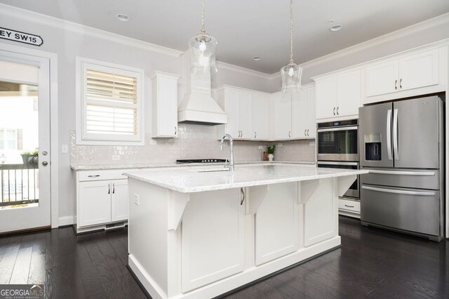 2026 Forte Ln, Alpharetta, GA 30009 - kitchen with stainless steel appliances, ornamental molding, white cabinets, custom exhaust hood, and backsplash