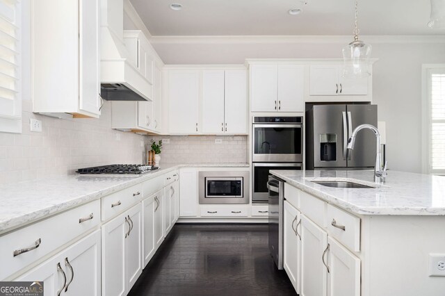 2026 Forte Ln, Alpharetta, GA 30009 - kitchen featuring custom exhaust hood, a sink, stainless steel appliances, white cabinets, and pendant lighting