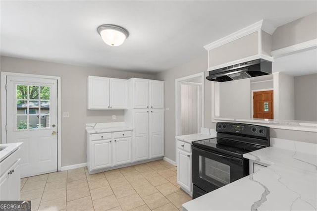 2358 Dabney Ter, East Point, GA 30344 - kitchen with black / electric stove, extractor fan, white cabinetry, baseboards, and light stone counters