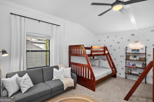 223 Mango Cir, Ellijay, GA 30540 - carpeted bedroom featuring vaulted ceiling, baseboards, and ceiling fan