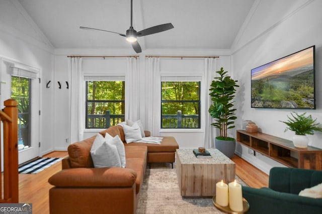 223 Mango Cir, Ellijay, GA 30540 - living area featuring vaulted ceiling, light wood finished floors, plenty of natural light, a ceiling fan, and ornamental molding