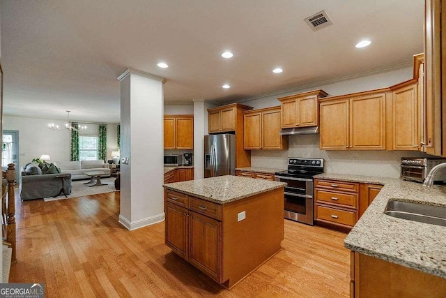 1901 Franklin Grove Pkwy, Bogart, GA 30622 - kitchen featuring appliances with stainless steel finishes, a sink, under cabinet range hood, a center island, and light wood finished floors