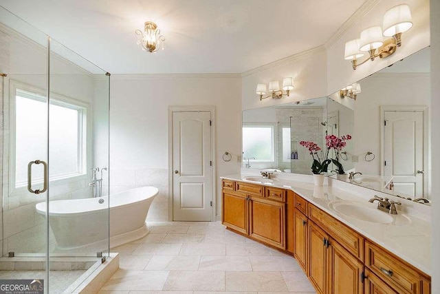 1901 Franklin Grove Pkwy, Bogart, GA 30622 - full bath featuring a freestanding tub, double vanity, a stall shower, ornamental molding, and tile patterned floors