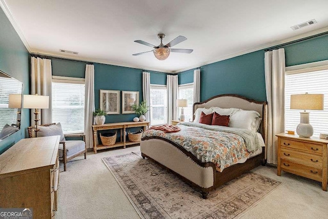 1901 Franklin Grove Pkwy, Bogart, GA 30622 - bedroom with light carpet, multiple windows, crown molding, and a ceiling fan