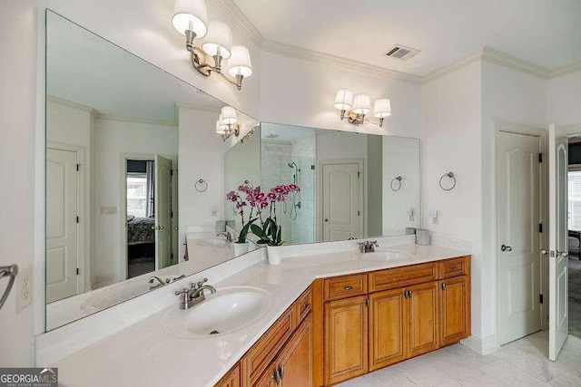 1901 Franklin Grove Pkwy, Bogart, GA 30622 - ensuite bathroom with a chandelier, double vanity, crown molding, and a stall shower