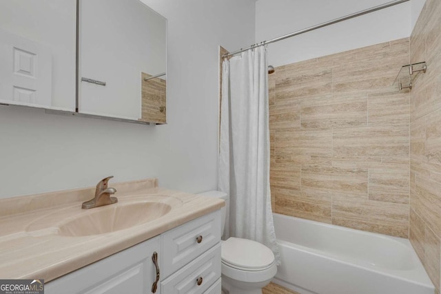 14440 Cogburn Rd, Alpharetta, GA 30004 - bathroom featuring vanity, toilet, and shower / bath combination with curtain