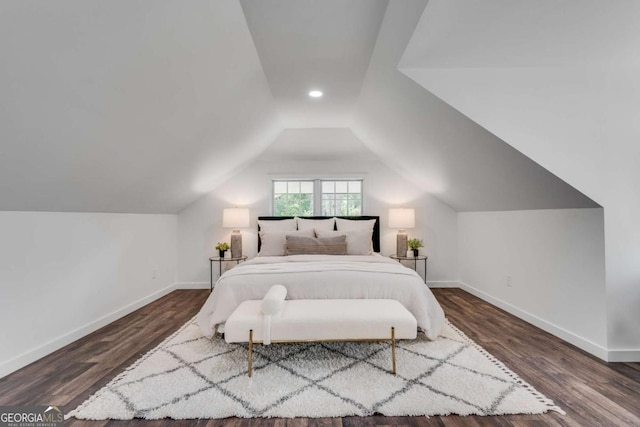 14440 Cogburn Rd, Alpharetta, GA 30004 - bedroom with baseboards, vaulted ceiling, dark wood-type flooring, and recessed lighting