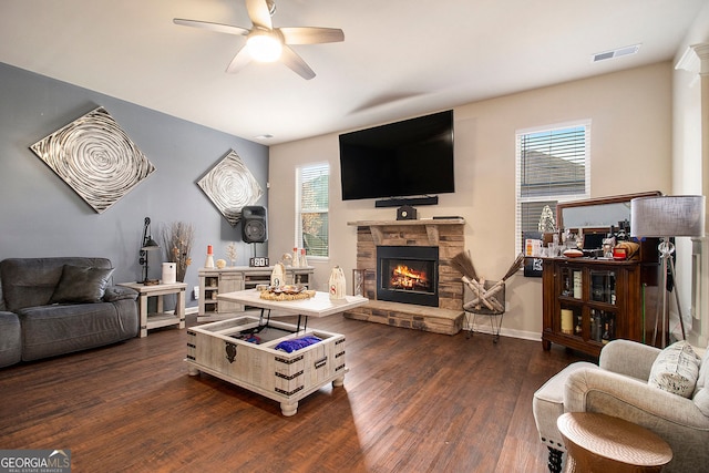 817 Nevis Way, Mcdonough, GA 30253 - living area featuring wood finished floors, a stone fireplace, a ceiling fan, and plenty of natural light
