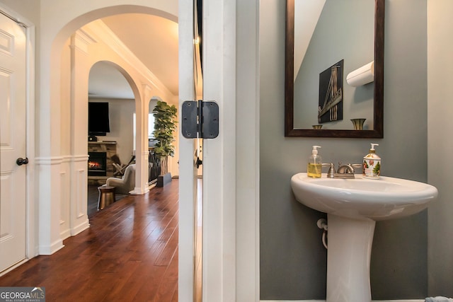 817 Nevis Way, Mcdonough, GA 30253 - bathroom featuring wood-type flooring and a lit fireplace