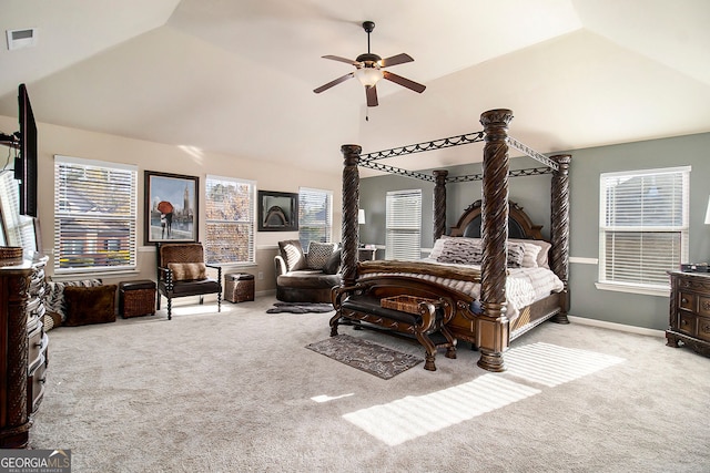 817 Nevis Way, Mcdonough, GA 30253 - bedroom with carpet flooring, vaulted ceiling, baseboards, and a ceiling fan