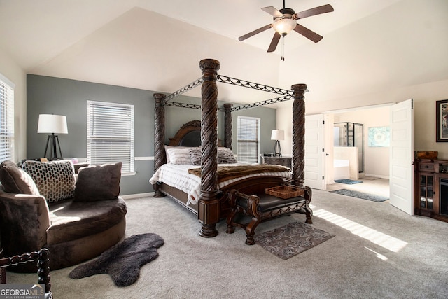817 Nevis Way, Mcdonough, GA 30253 - bedroom with vaulted ceiling, carpet flooring, ensuite bathroom, a ceiling fan, and baseboards