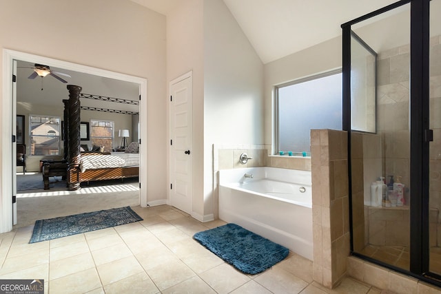 817 Nevis Way, Mcdonough, GA 30253 - ensuite bathroom with plenty of natural light, a garden tub, a stall shower, ceiling fan, and high vaulted ceiling