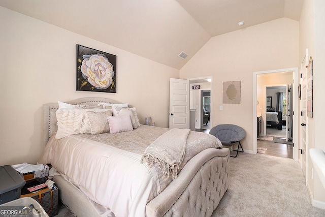 817 Nevis Way, Mcdonough, GA 30253 - bedroom with light carpet, baseboards, and high vaulted ceiling