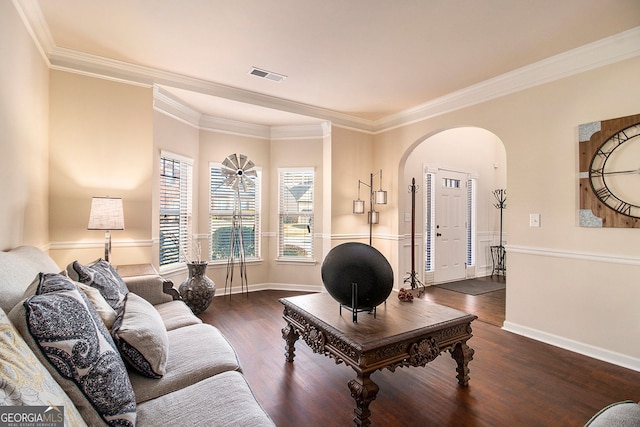 817 Nevis Way, Mcdonough, GA 30253 - living room featuring arched walkways, crown molding, wood finished floors, and baseboards