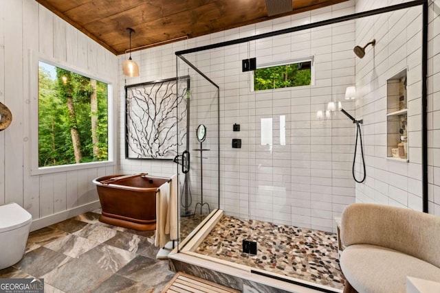 719 Ripshin Mountain Rd, Blue Ridge, GA 30513 - full bath with wooden ceiling, a shower stall, a freestanding bath, toilet, and wood walls