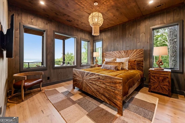 719 Ripshin Mountain Rd, Blue Ridge, GA 30513 - bedroom featuring wood ceiling, wooden walls, light wood finished floors, and recessed lighting