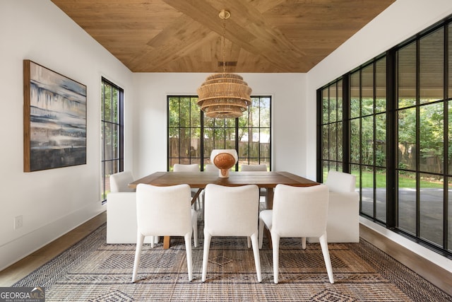 555 Orme Cir NE, Atlanta, GA 30306 - dining room with wooden ceiling, a chandelier, baseboards, and wood finished floors