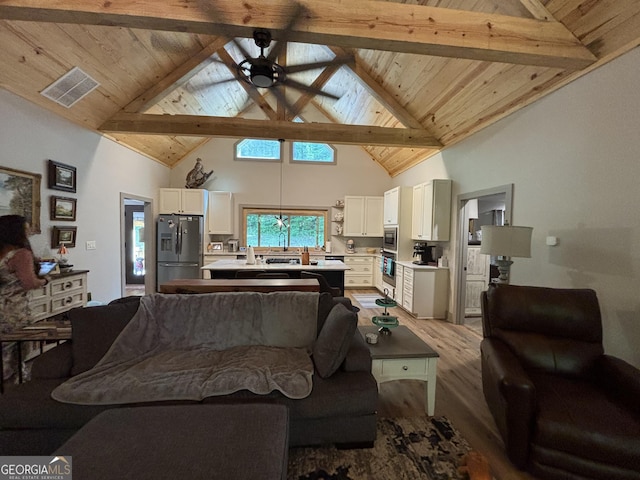 2726 Turkey Trot, Hiawassee, GA 30546 - living room featuring high vaulted ceiling, light wood-style flooring, wood ceiling with exposed beams, and ceiling fan