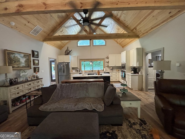 2726 Turkey Trot, Hiawassee, GA 30546 - living room with high vaulted ceiling, wood finished floors, a ceiling fan, and wooden ceiling with exposed beams