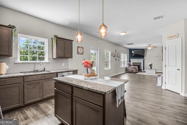 26 NE Sunflower Cir, Ludowici, GA 31316 - kitchen with a sink, a fireplace, light wood-type flooring, ceiling fan, and backsplash