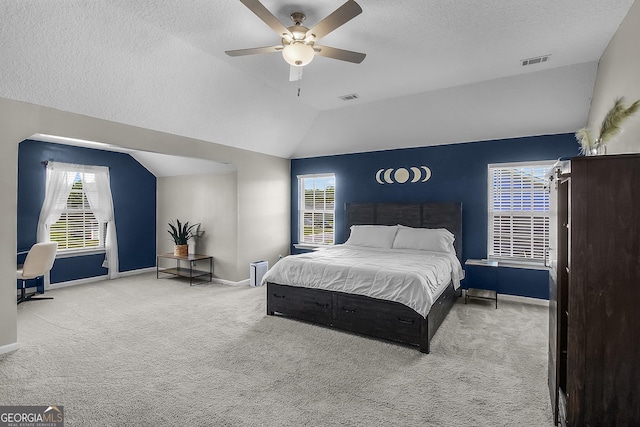 26 NE Sunflower Cir, Ludowici, GA 31316 - carpeted bedroom with baseboards, a textured ceiling, lofted ceiling, and a ceiling fan
