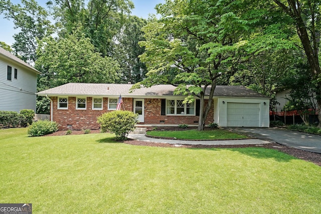 2394 Burch Cir NE, Brookhaven, GA 30319 - view of front of house with driveway, brick siding, a garage, a front yard, and crawl space
