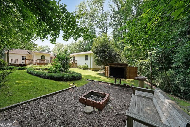 2394 Burch Cir NE, Brookhaven, GA 30319 - view of green lawn featuring a fire pit and a wooden deck