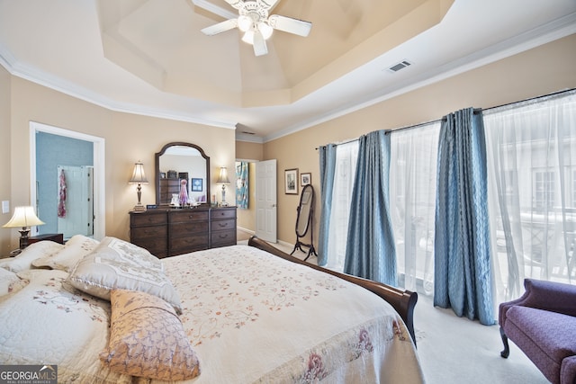 569 Fairway Dr, Woodstock, GA 30189 - carpeted bedroom featuring a raised ceiling, ornamental molding, and ceiling fan