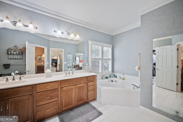 569 Fairway Dr, Woodstock, GA 30189 - full bath featuring double vanity, tile patterned flooring, a tub with jets, and ornamental molding