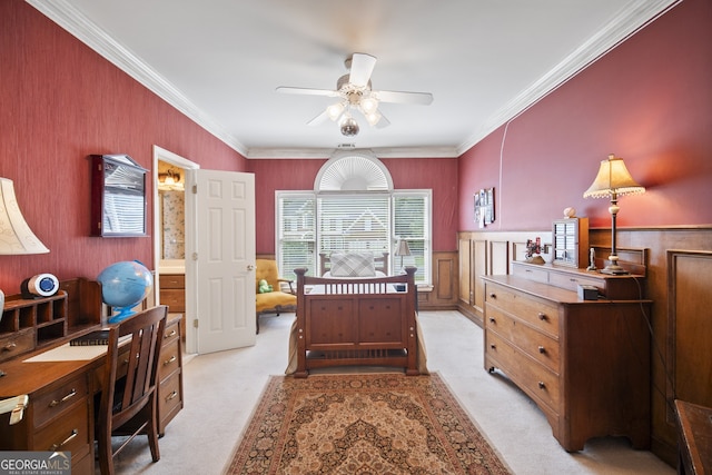 569 Fairway Dr, Woodstock, GA 30189 - bedroom with ornamental molding, light carpet, a desk, and a wainscoted wall