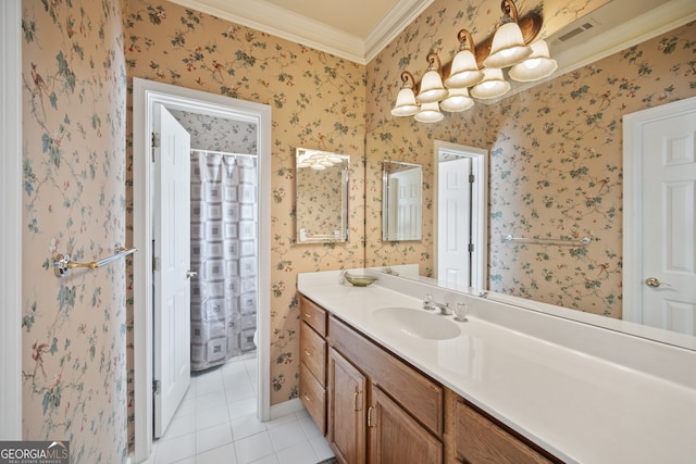 569 Fairway Dr, Woodstock, GA 30189 - bathroom with crown molding, tile patterned floors, vanity, a shower with shower curtain, and wallpapered walls
