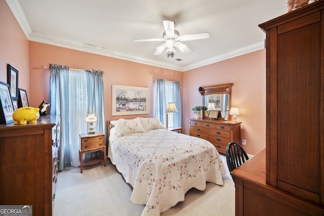 569 Fairway Dr, Woodstock, GA 30189 - bedroom featuring ornamental molding, light carpet, and ceiling fan