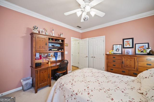 569 Fairway Dr, Woodstock, GA 30189 - bedroom featuring crown molding, light carpet, a ceiling fan, a closet, and a desk