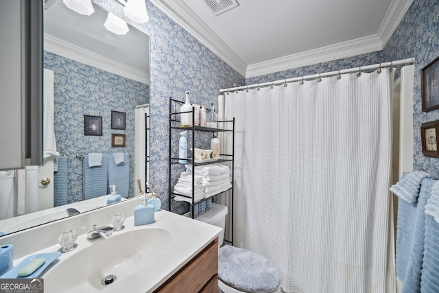 569 Fairway Dr, Woodstock, GA 30189 - full bathroom with wallpapered walls, crown molding, vanity, and a shower with curtain