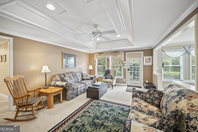 569 Fairway Dr, Woodstock, GA 30189 - living area with light colored carpet, crown molding, a tray ceiling, and a ceiling fan