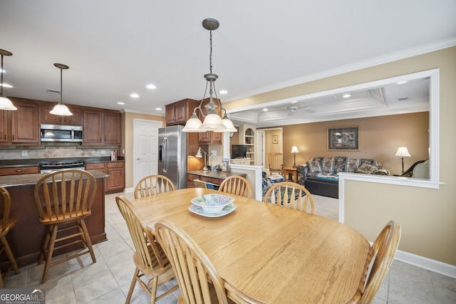 569 Fairway Dr, Woodstock, GA 30189 - dining space with ornamental molding, recessed lighting, light tile patterned floors, and ceiling fan