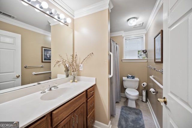 569 Fairway Dr, Woodstock, GA 30189 - bathroom with vanity, crown molding, tile patterned flooring, and a shower with curtain