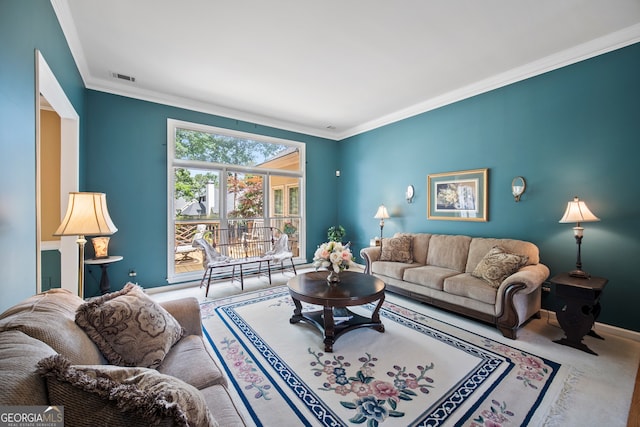 569 Fairway Dr, Woodstock, GA 30189 - carpeted living area with crown molding