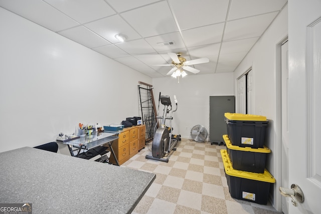 569 Fairway Dr, Woodstock, GA 30189 - office space featuring a drop ceiling, a ceiling fan, and light flooring