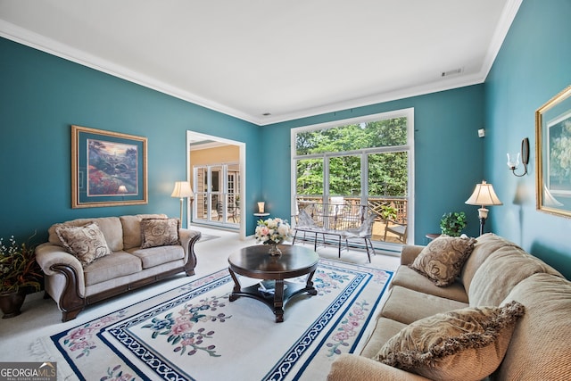 569 Fairway Dr, Woodstock, GA 30189 - carpeted living room featuring crown molding