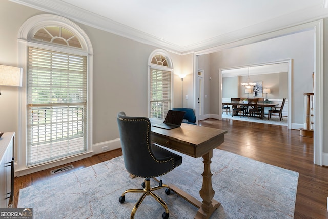 10135 High Falls Pointe, Johns Creek, GA 30022 - office area featuring plenty of natural light, wood finished floors, crown molding, a chandelier, and baseboards