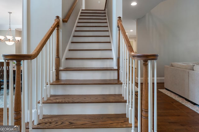 10135 High Falls Pointe, Johns Creek, GA 30022 - stairway with wood finished floors, a chandelier, and recessed lighting