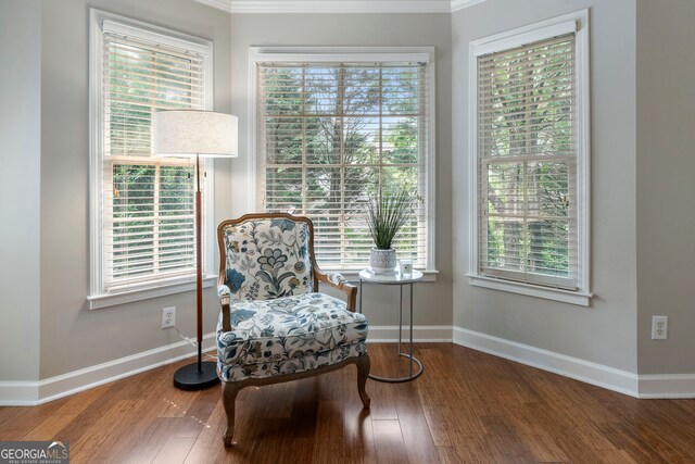 10135 High Falls Pointe, Johns Creek, GA 30022 - living area featuring baseboards, plenty of natural light, wood finished floors, and ornamental molding