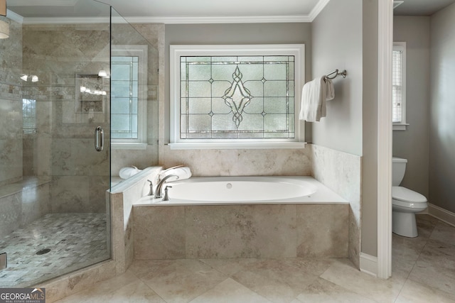 10135 High Falls Pointe, Johns Creek, GA 30022 - bathroom with toilet, a bath, a stall shower, plenty of natural light, and ornamental molding