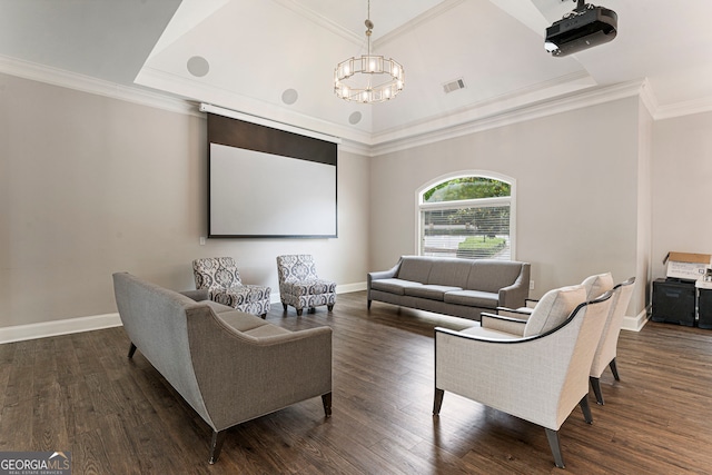 10135 High Falls Pointe, Johns Creek, GA 30022 - cinema featuring a chandelier, dark wood-type flooring, baseboards, and ornamental molding