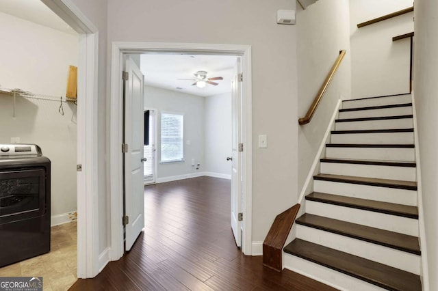 3005 Devoncroft St SE, Smyrna, GA 30080 - staircase with washer / clothes dryer, baseboards, a ceiling fan, and wood finished floors