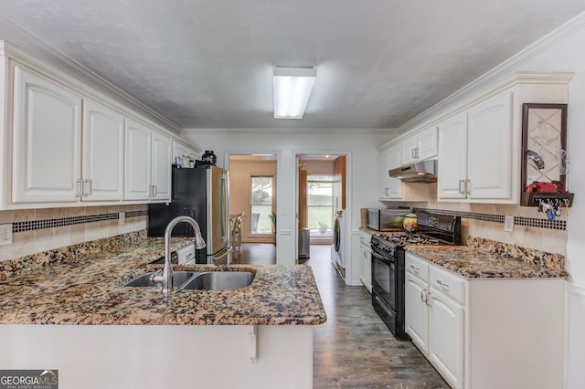 2005 Ashton Pointe Dr, Dacula, GA 30019 - kitchen with stainless steel appliances, a sink, under cabinet range hood, stone countertops, and backsplash